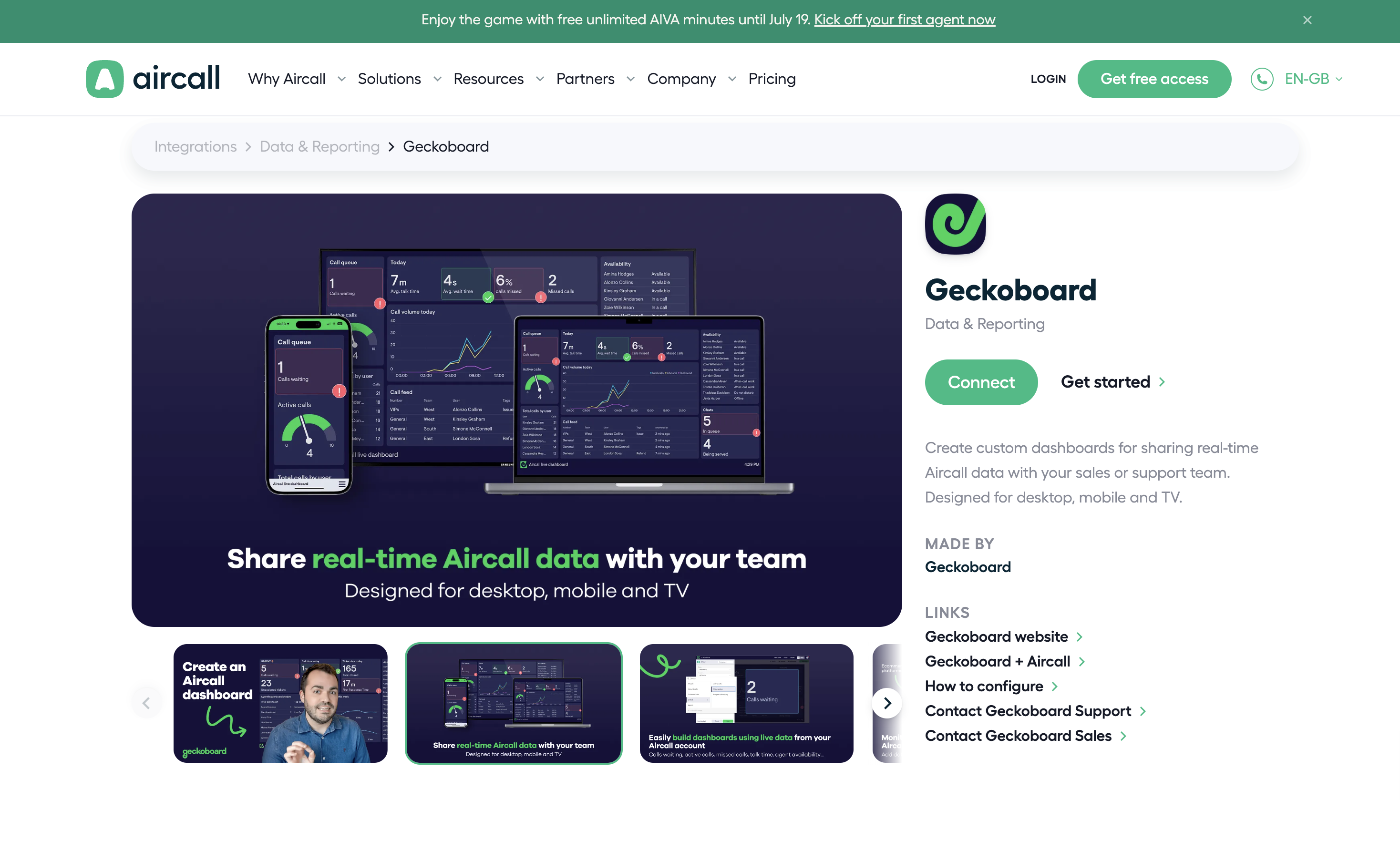 Aircall integrations listing for Geckoboard