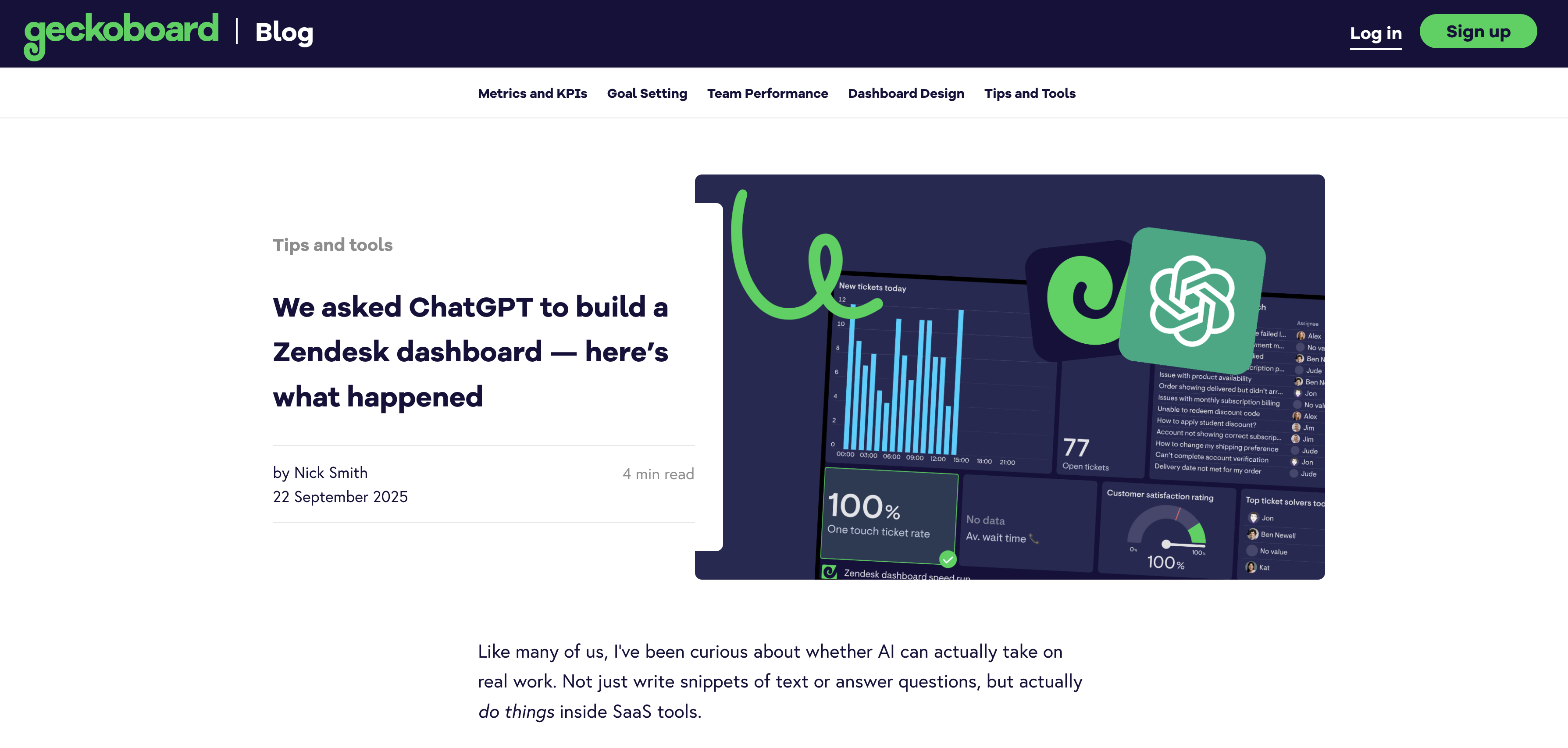Geckoboard blog post titled We asked ChatGPT to build a Zendesk dashboard, here's what happened.