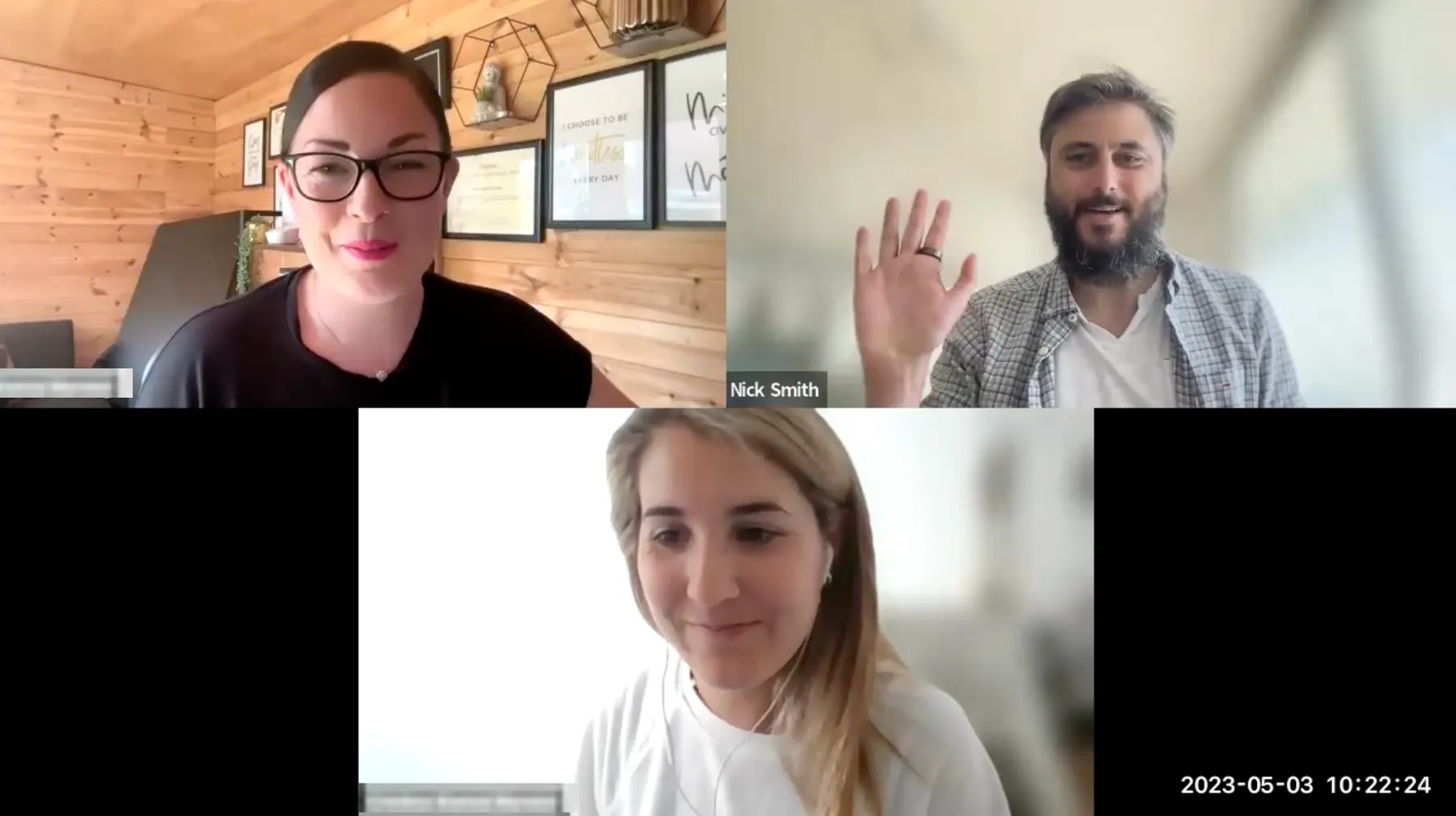 Remote customer interview call with Nick Smith and two customers.