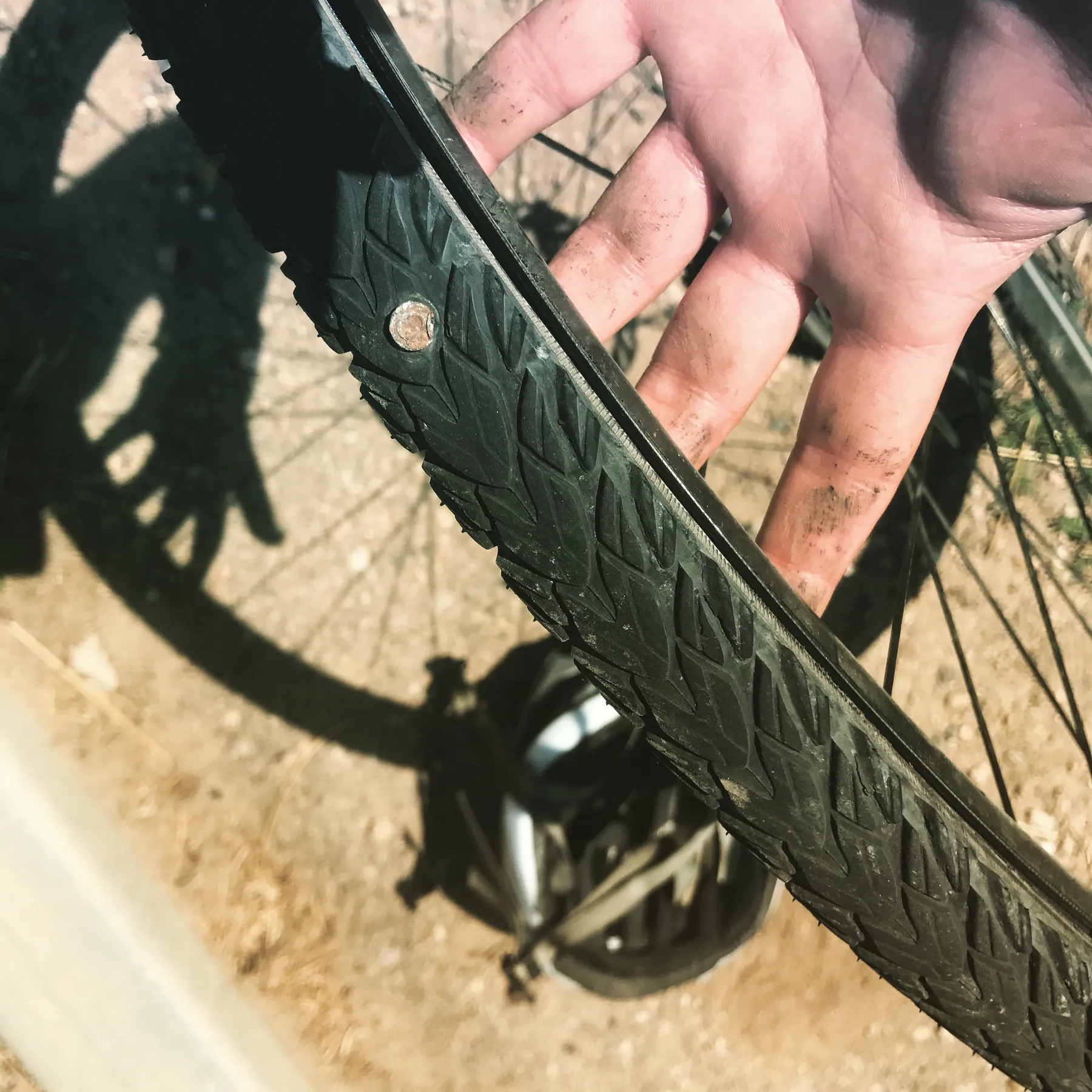 A nail embedded in a bicycle tyre.