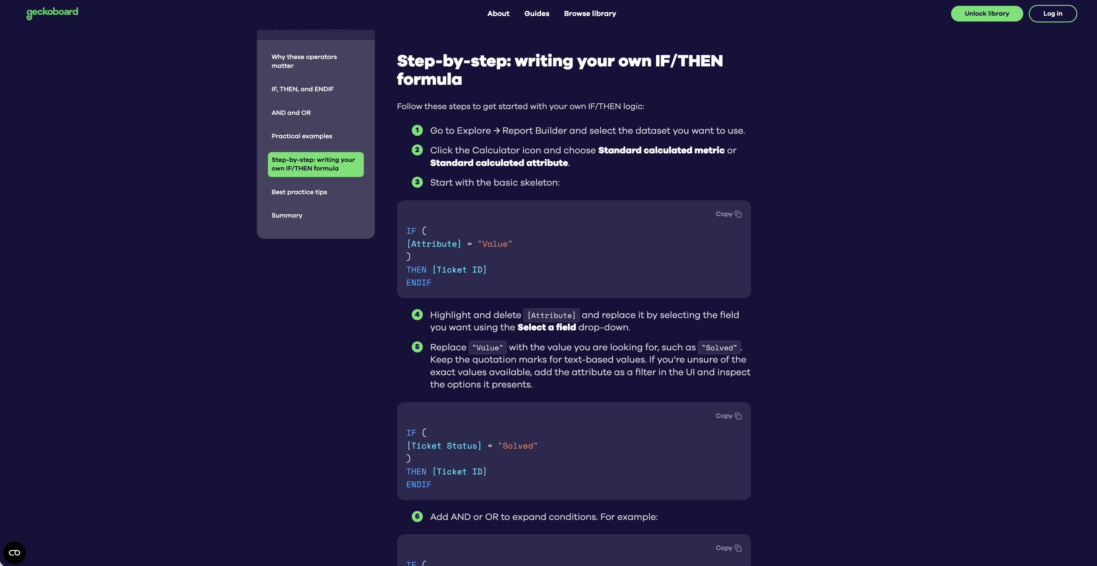 Zendesk Explore Cookbook guide page explaining how to write an IF THEN formula with code snippets.