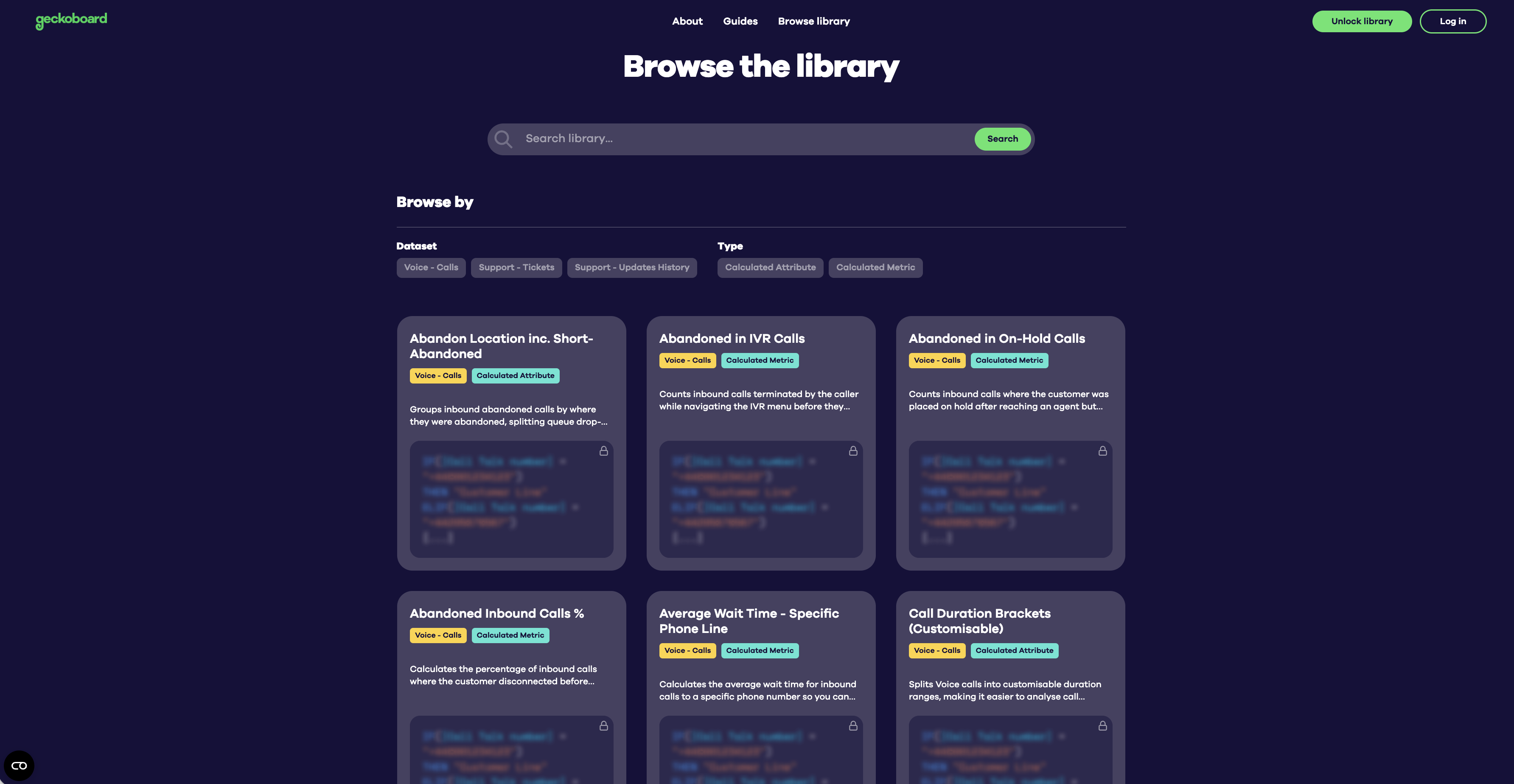 Zendesk Explore Cookbook microsite library page showing searchable and filterable code snippet cards.