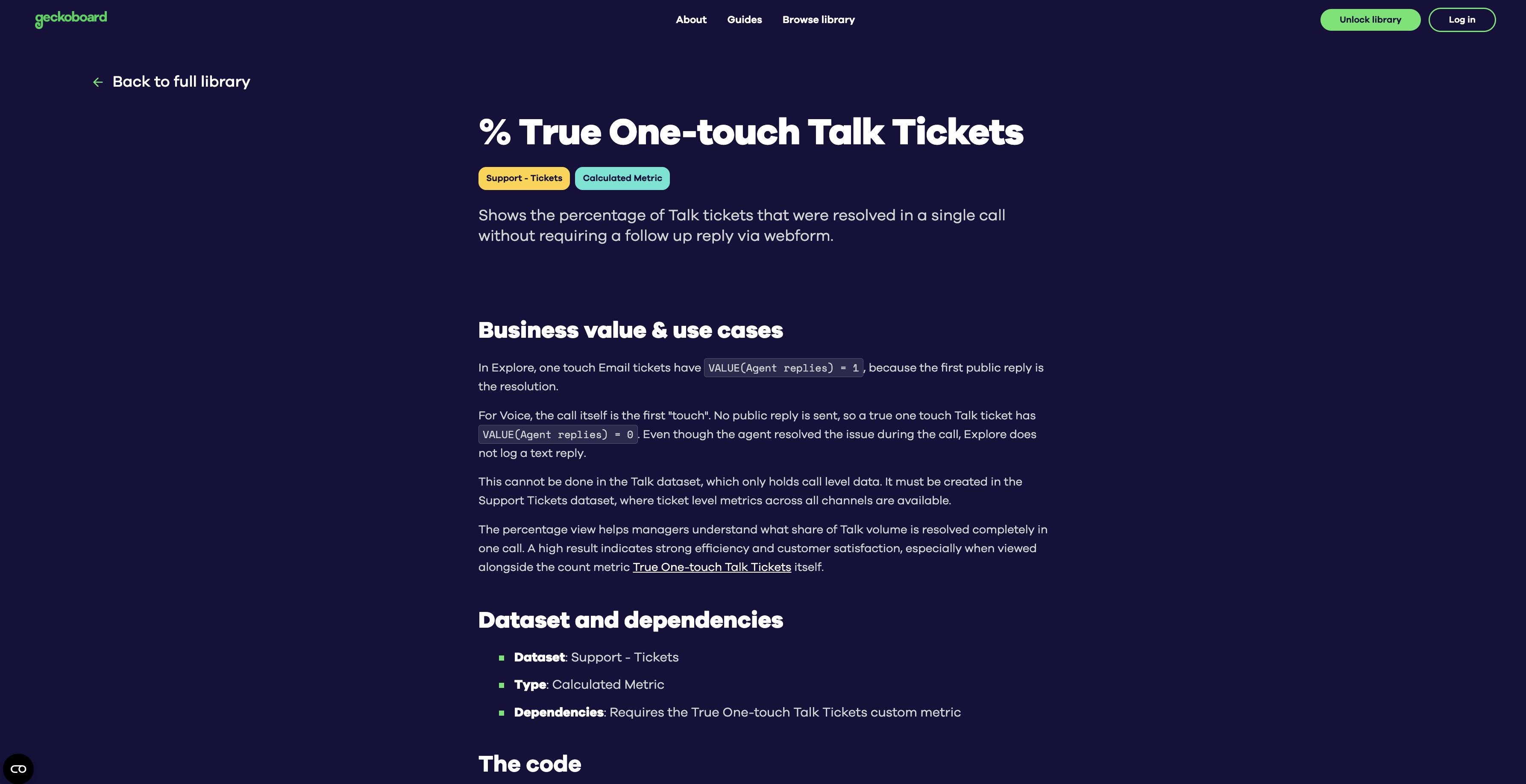 Zendesk Explore Cookbook recipe page for percentage true one-touch Talk tickets.