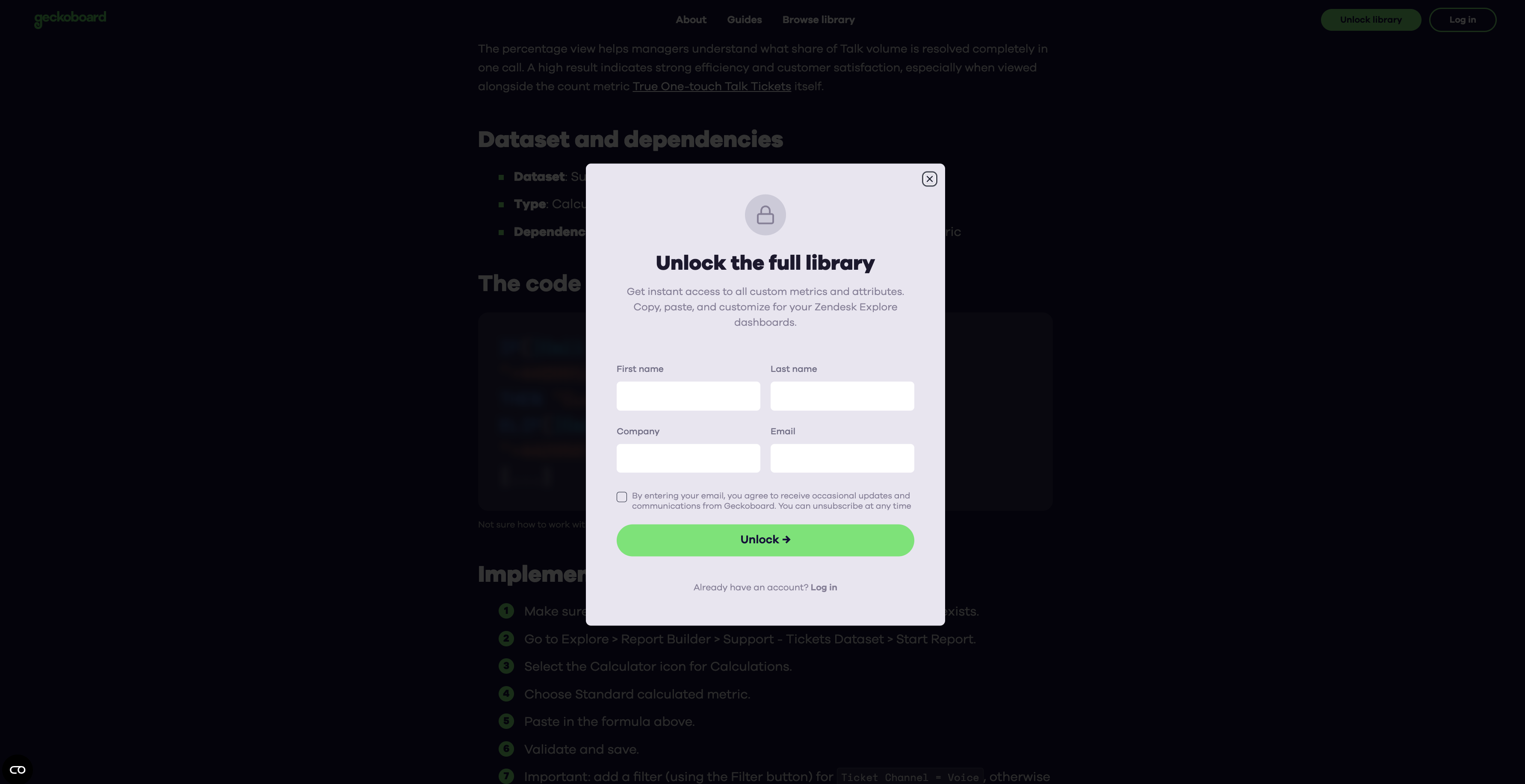 Unlock modal on the Zendesk Explore Cookbook collecting contact details before sending a magic link.