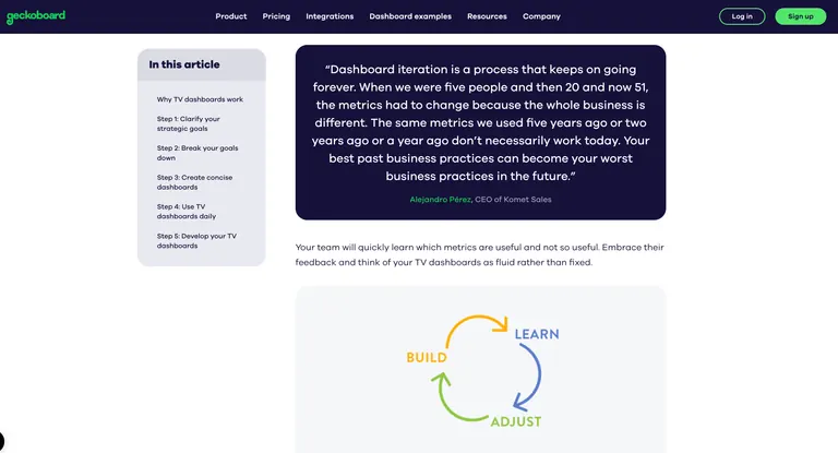 The Geckoboard methodology resource page showing dashboard iteration advice and a build, learn, adjust diagram.