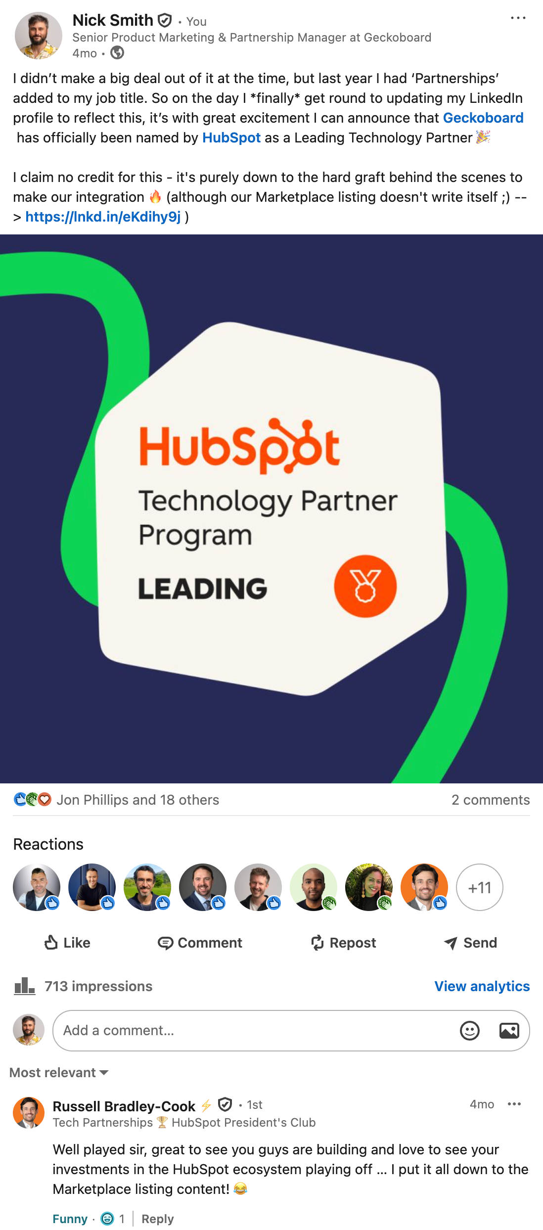 LinkedIn post announcing Geckoboard as a HubSpot Leading Technology Partner