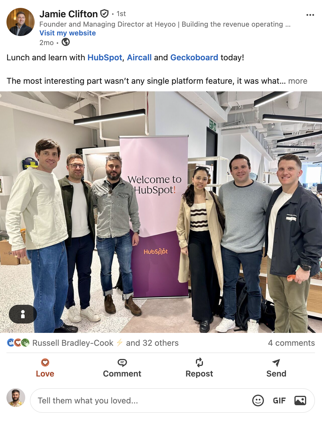 LinkedIn screenshot from a HubSpot, Aircall and Geckoboard lunch and learn