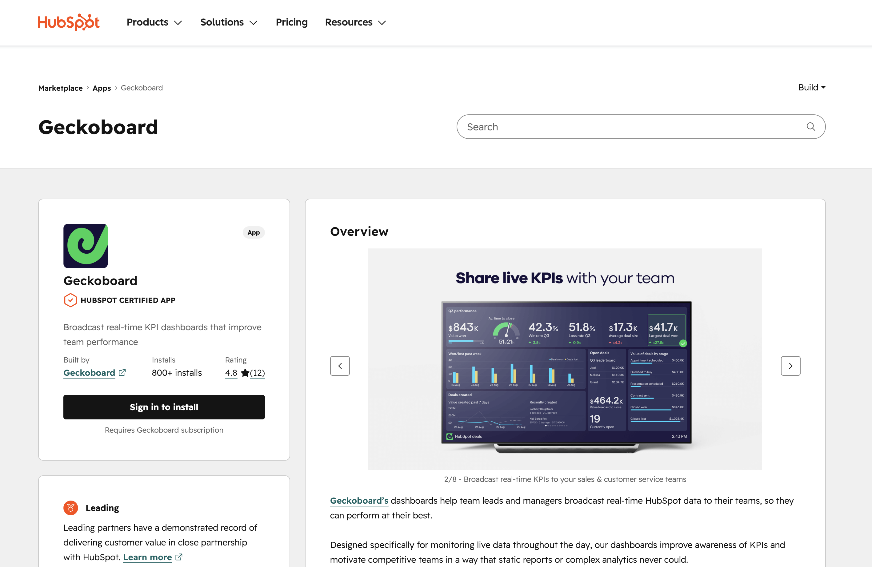 HubSpot App Marketplace listing for Geckoboard