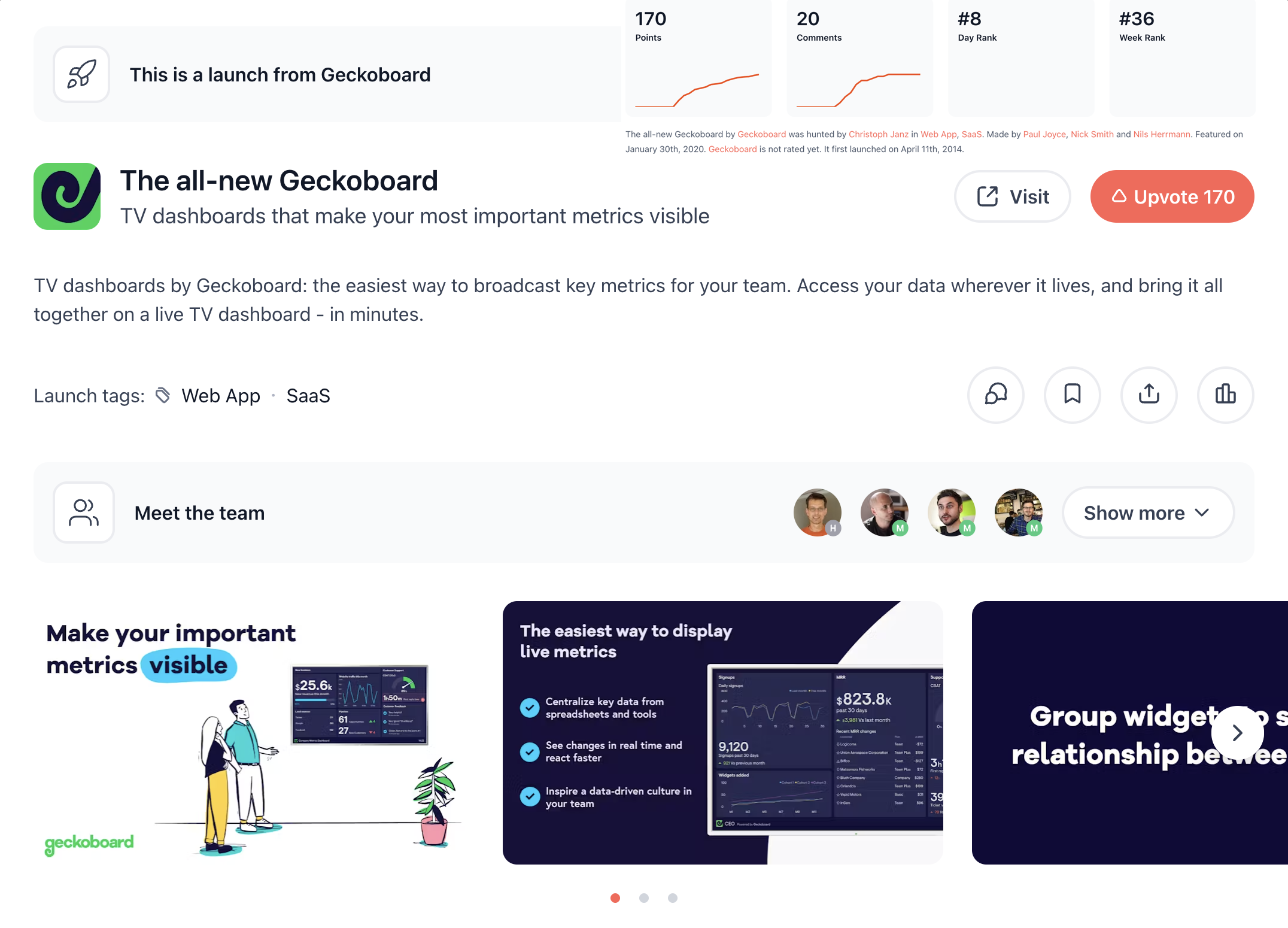 Product Hunt launch page for the all-new Geckoboard