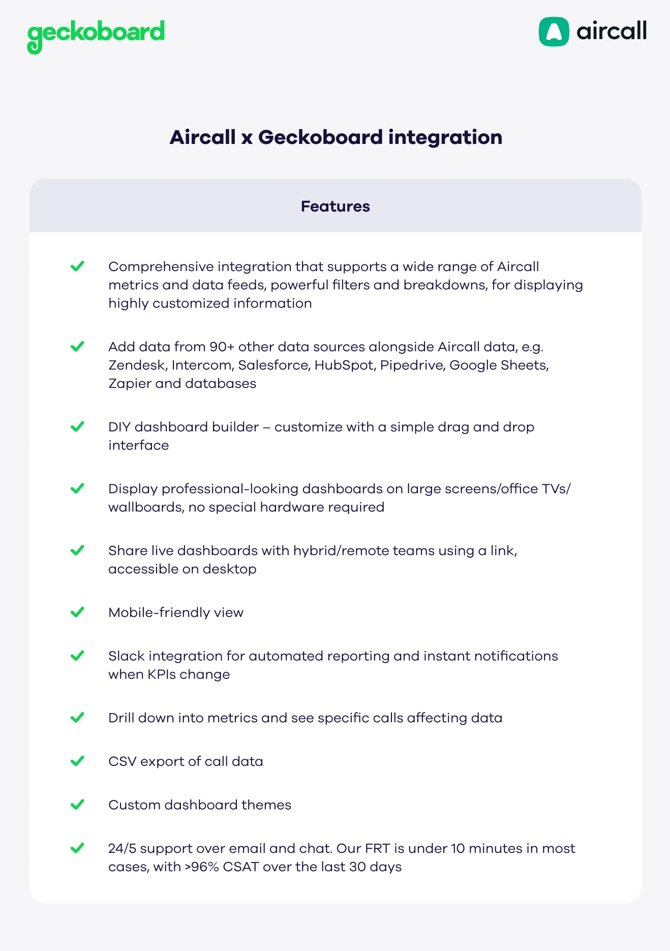 Aircall and Geckoboard integration features battlecard slide.