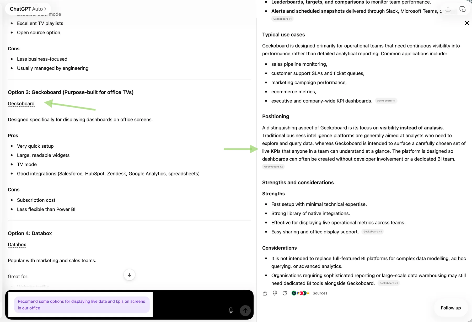 Side-by-side ChatGPT rewrite showing Geckoboard positioning made clearer for answer-engine style content.