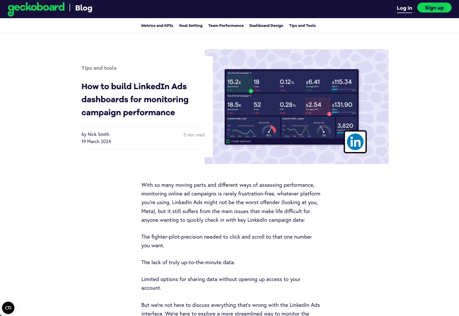 Geckoboard blog post about building LinkedIn Ads dashboards for monitoring campaign performance.