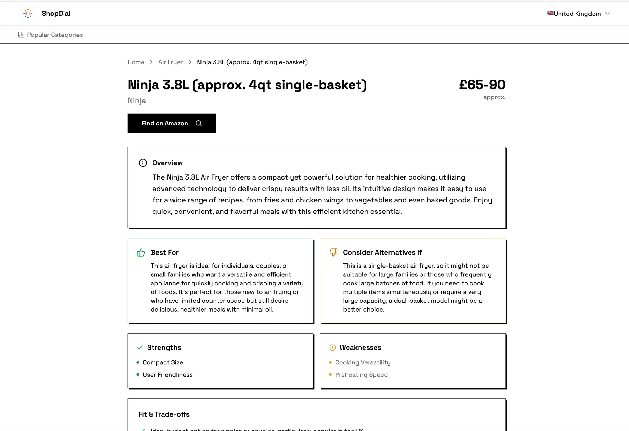 ShopDial product detail page showing overview, best-for notes, alternatives, strengths, and weaknesses.