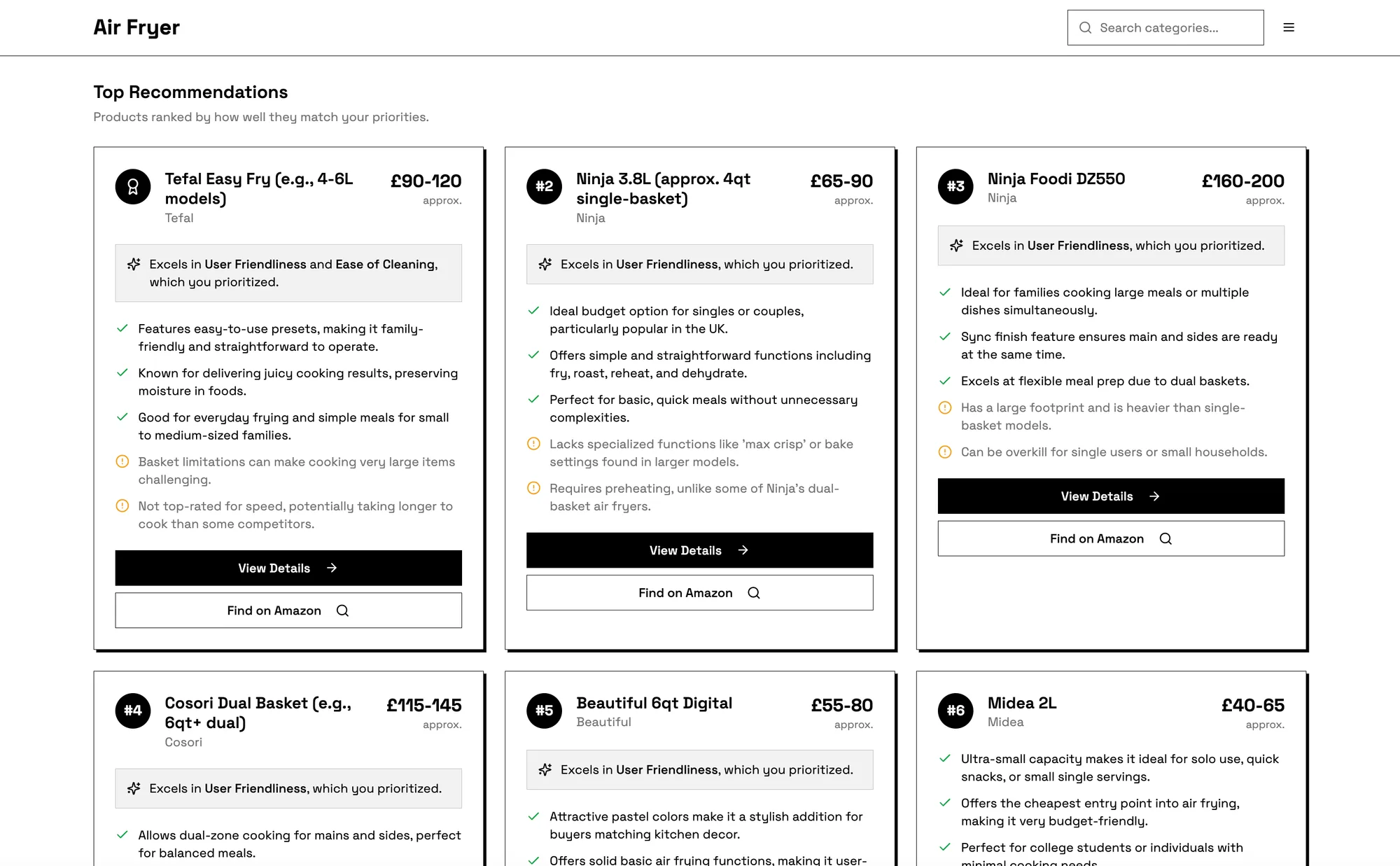 ShopDial recommendations page showing air fryer products ranked by fit.