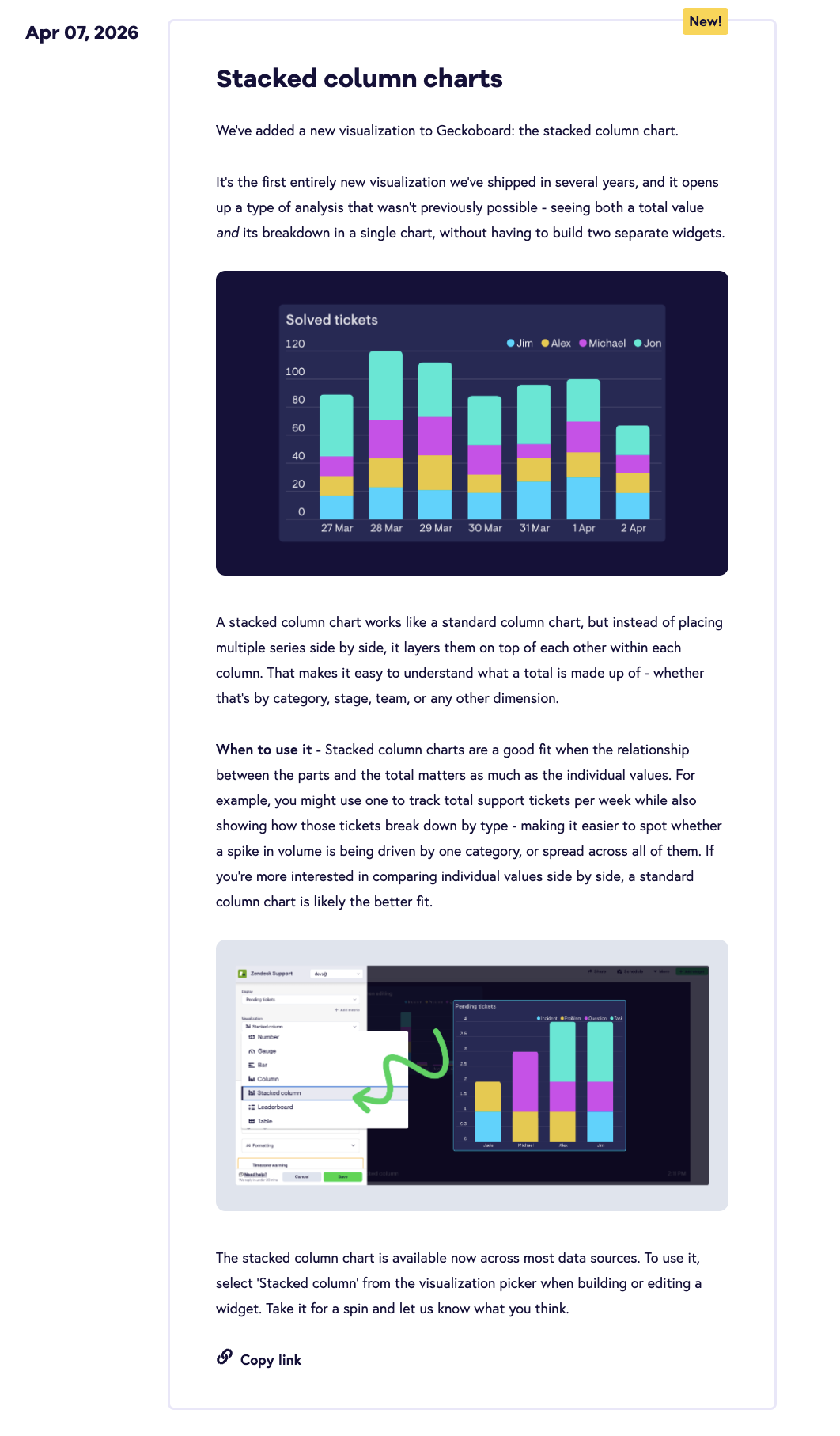 Geckoboard changelog entry for stacked column charts