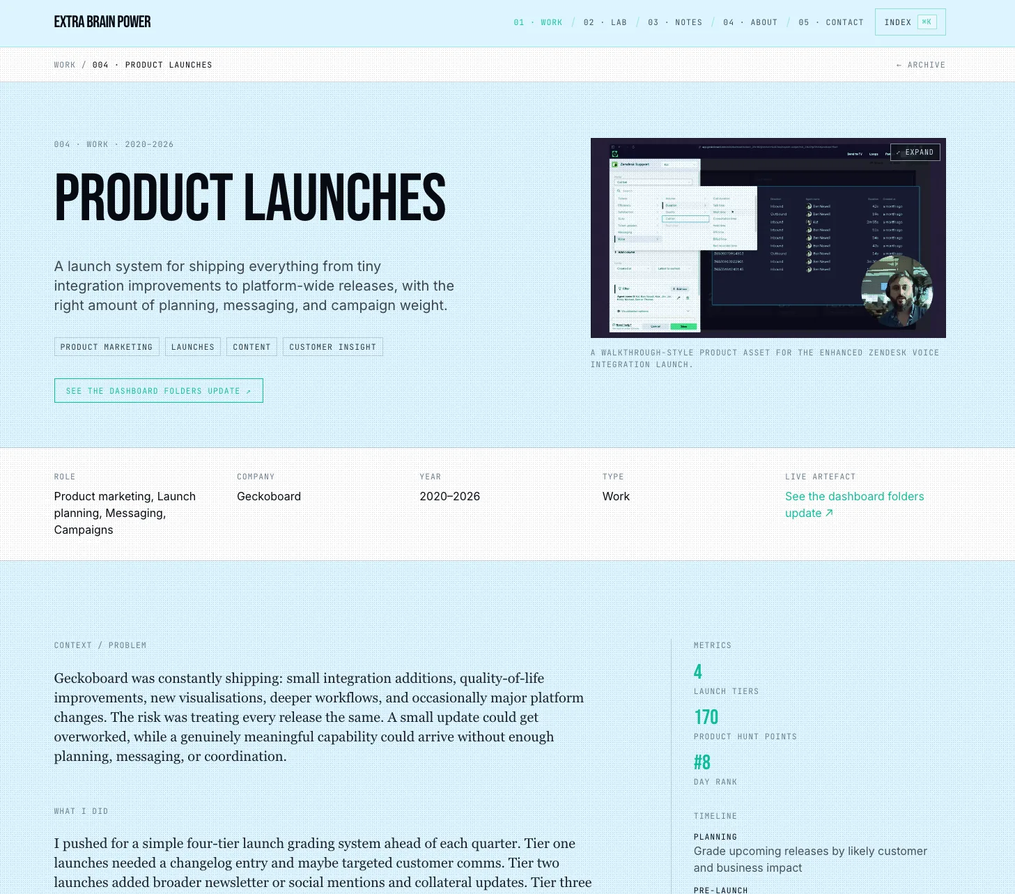 A product launches case study page on the Extra Brain Power portfolio site.