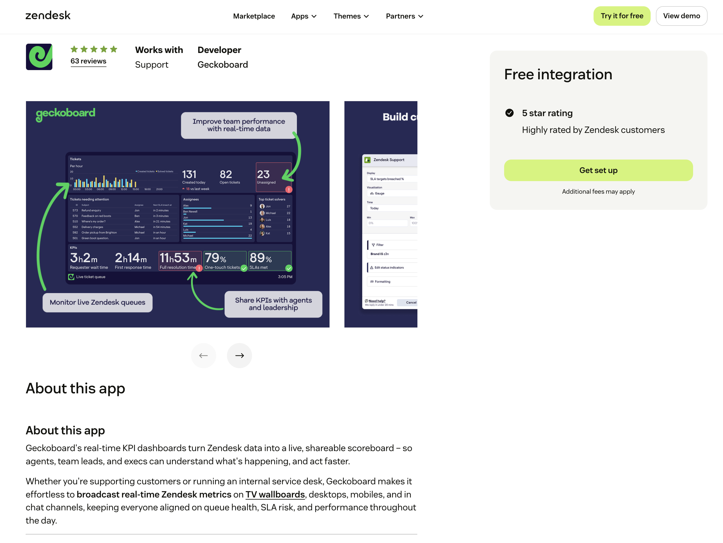 Zendesk Marketplace listing for Geckoboard