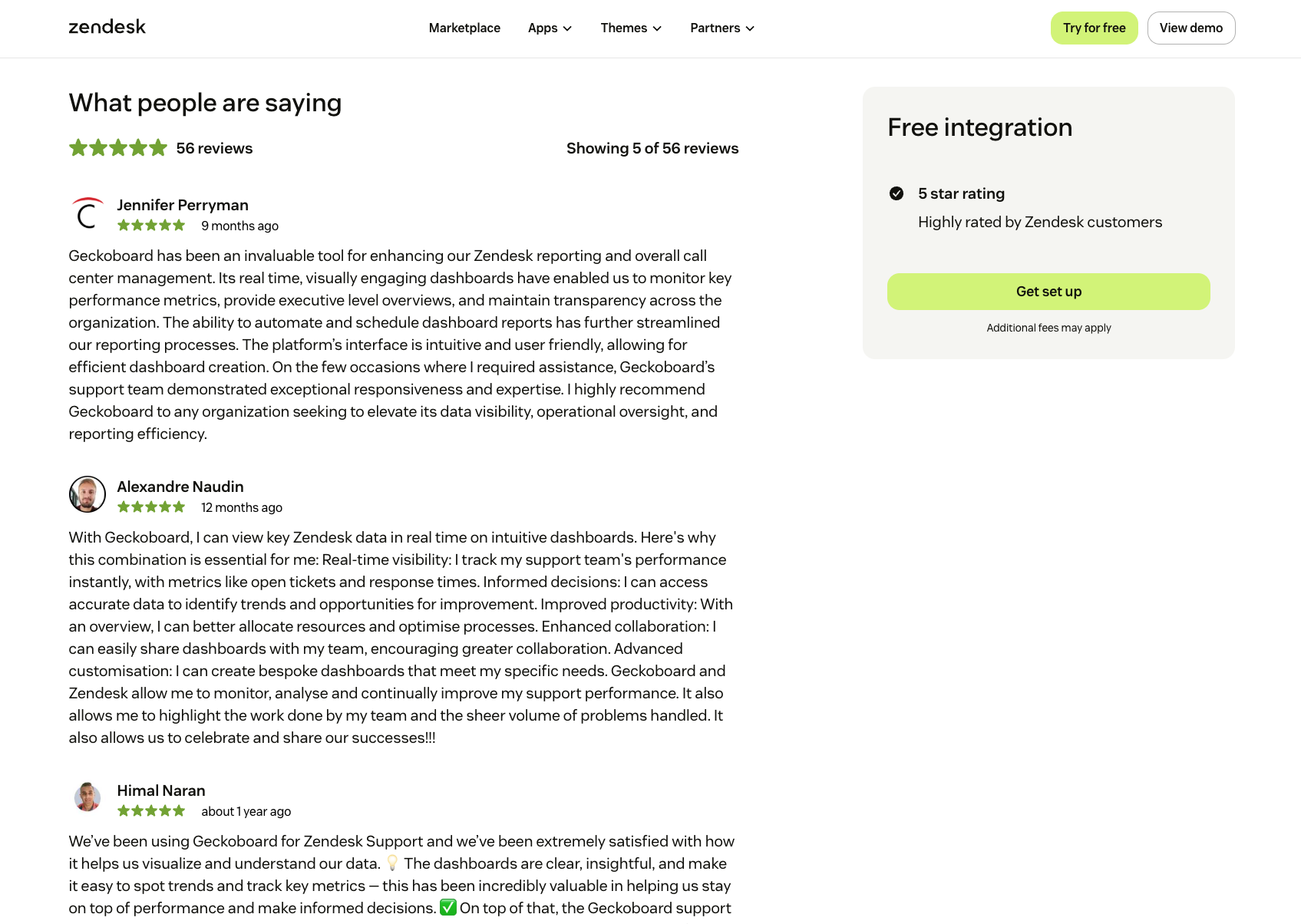 Zendesk Marketplace reviews page showing Geckoboard's five-star rating and customer reviews