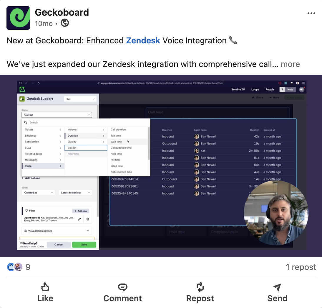 LinkedIn launch post for enhanced Zendesk Voice integration